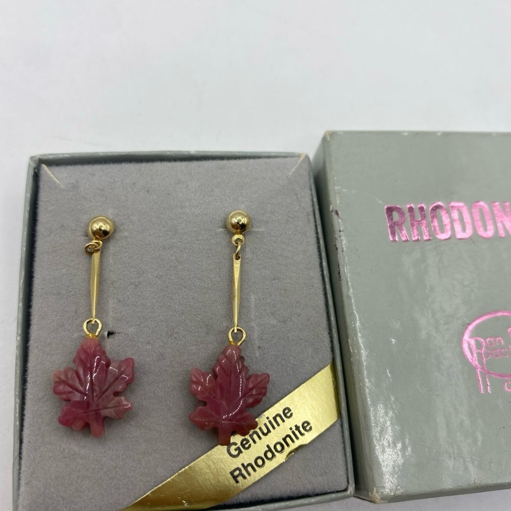 Gold Plated earrings with Carved pink Rhodonite leaves 1.5” - Picture 6 of 8